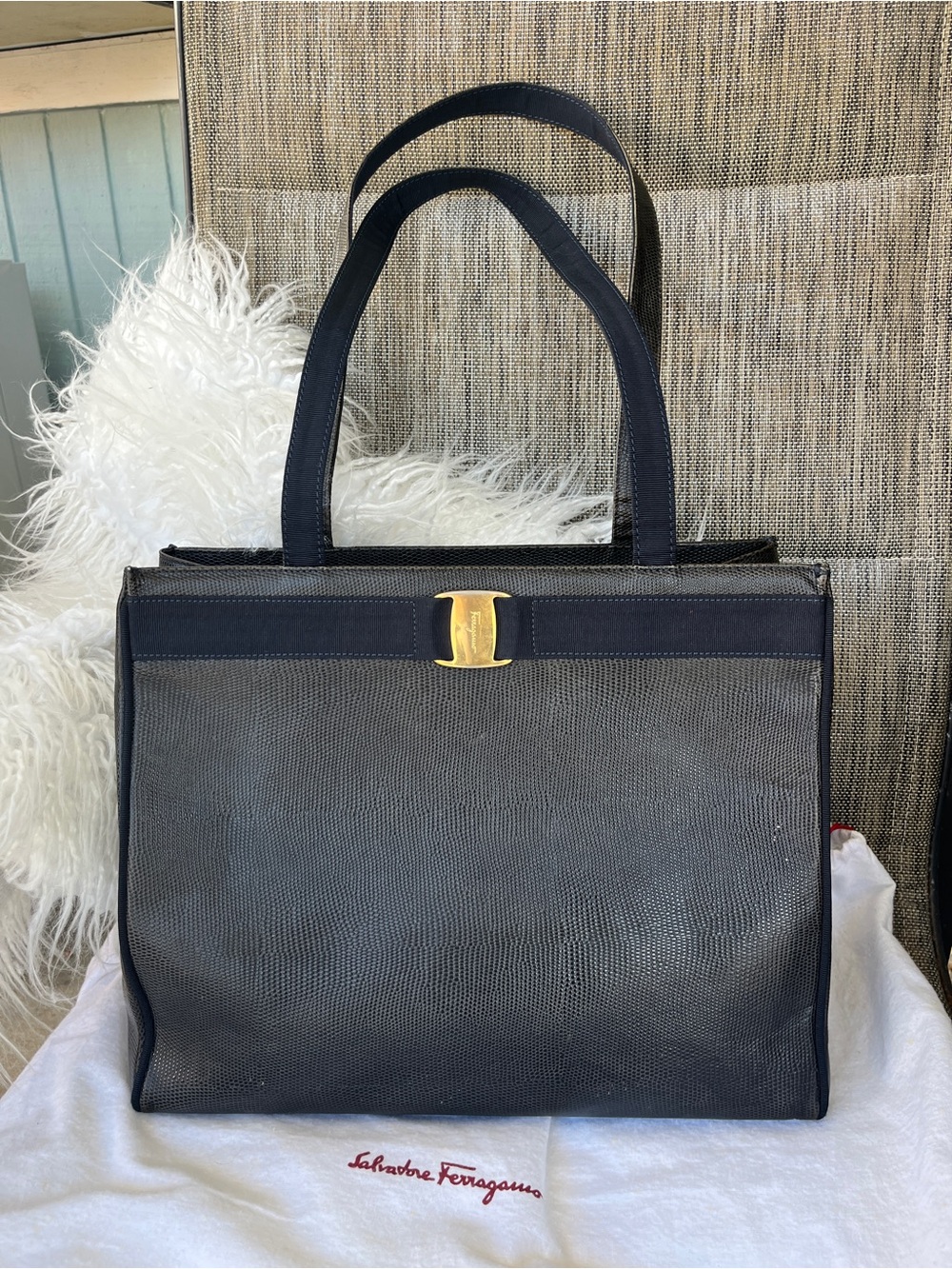 Vintage Salvatore Ferragamo Black Lizard-Embossed Vara Bow Tote